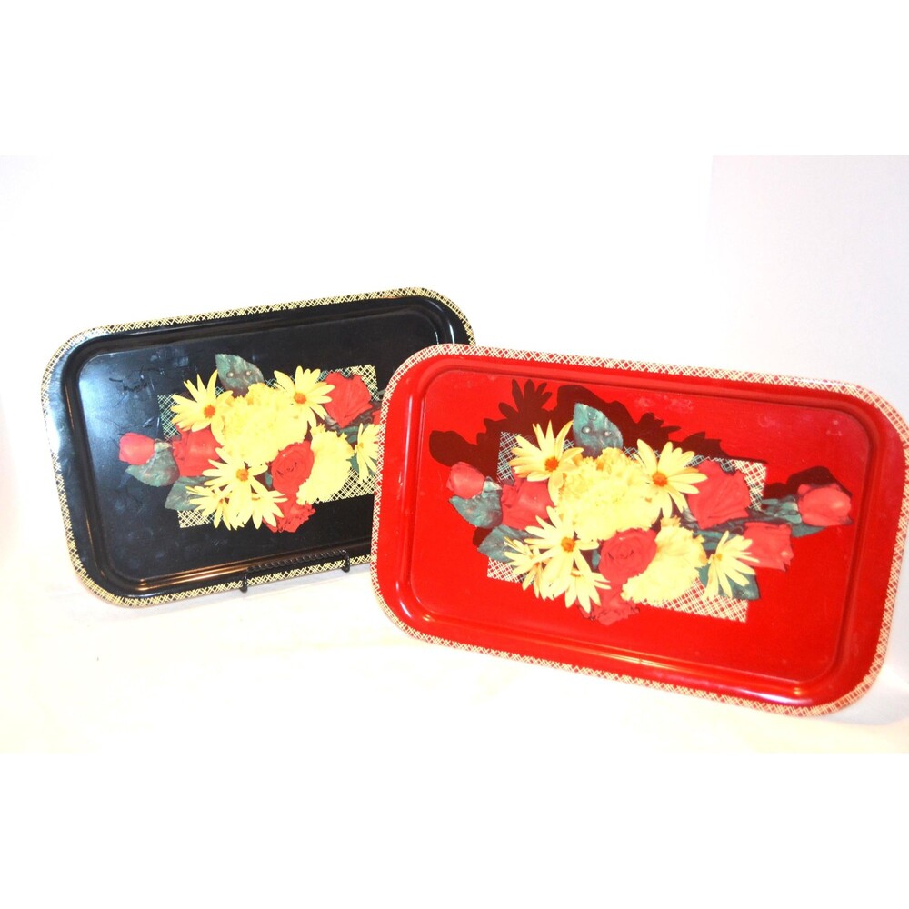 Vintage Metal Trays Lap Black and Red Klitsch Klatsch Country Americana Two